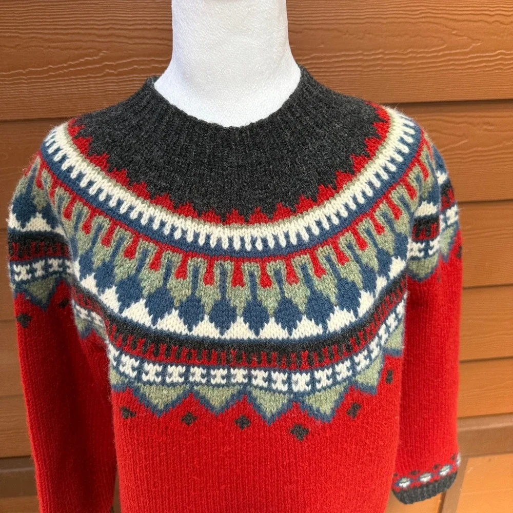 Eddie Bauer Fair Isle Wool Sweater Womens S Red Nordic Crew Neck Heavy Knit